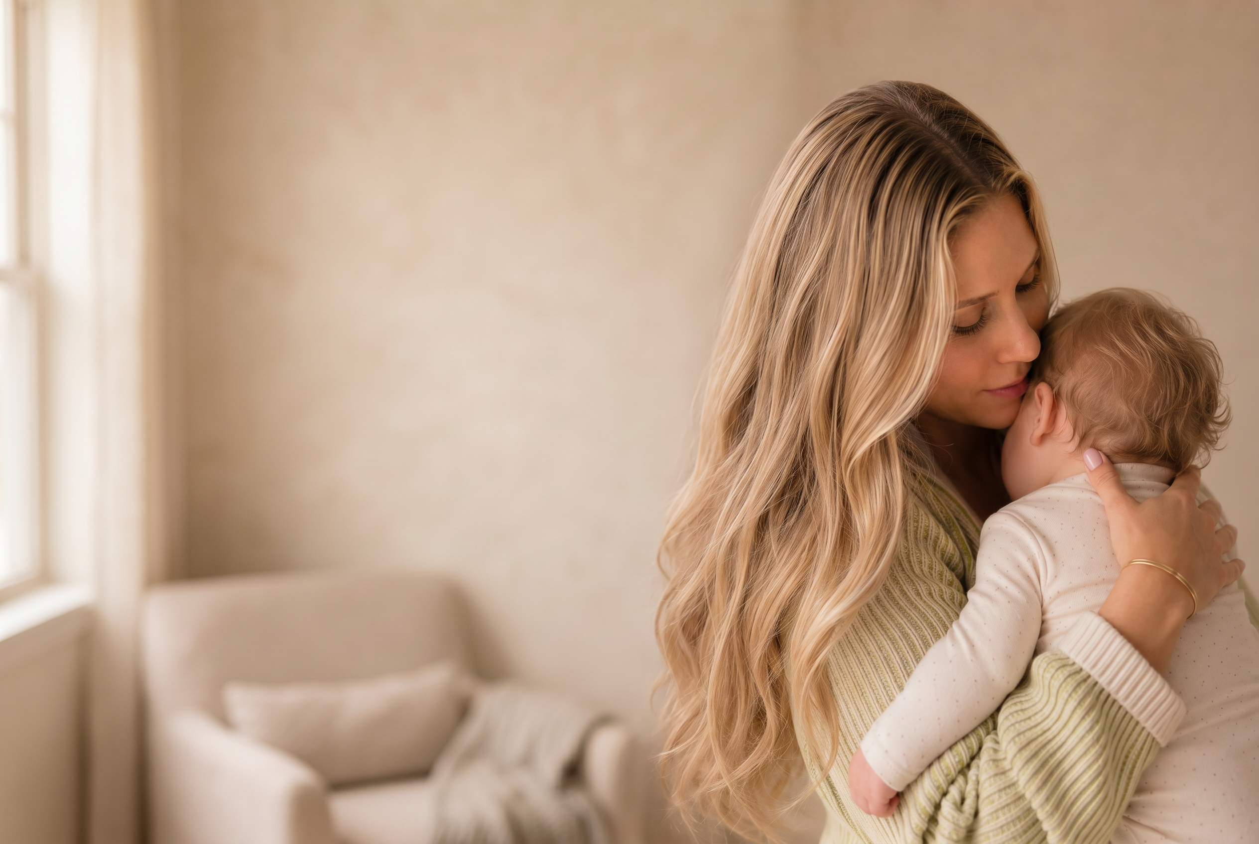Luciana Pompeo abraçando um bebê em ambiente acolhedor com luz natural